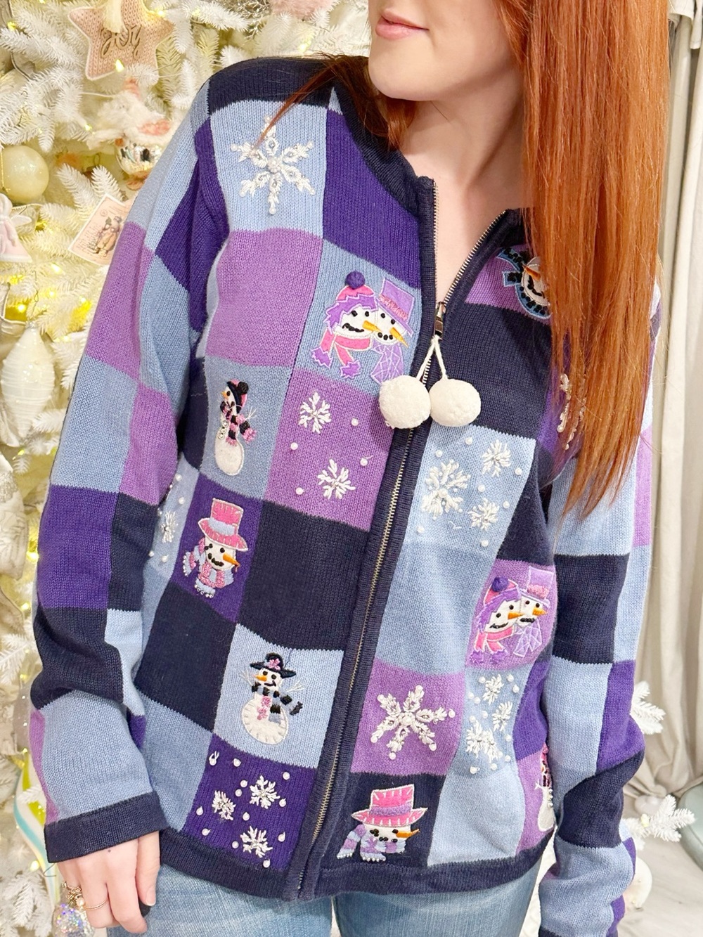 Women’s Purple Patchwork Snowman Zip Cardigan Sweater